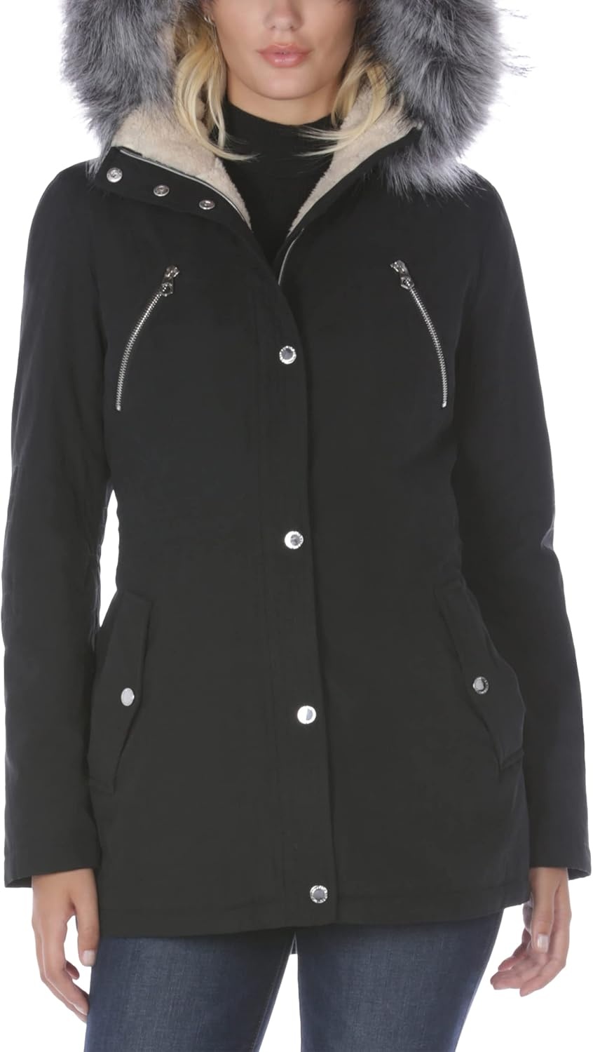 image:imageNautica Womens Microfiber Parka Anorak Jacket With Faux Fur Hooded TrimBlack