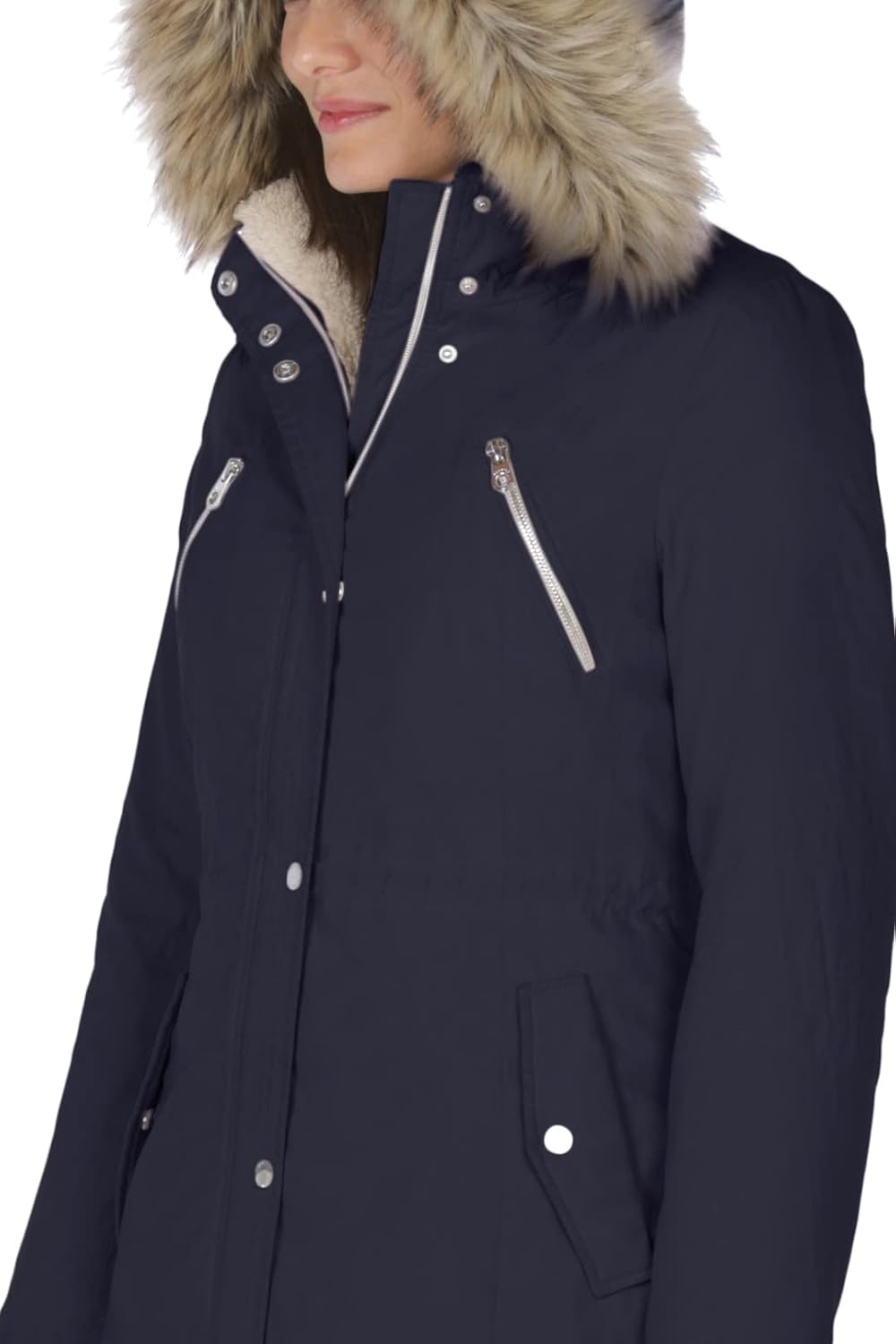 image:imageNautica Womens Microfiber Parka Anorak Jacket With Faux Fur Hooded TrimNavy Seas