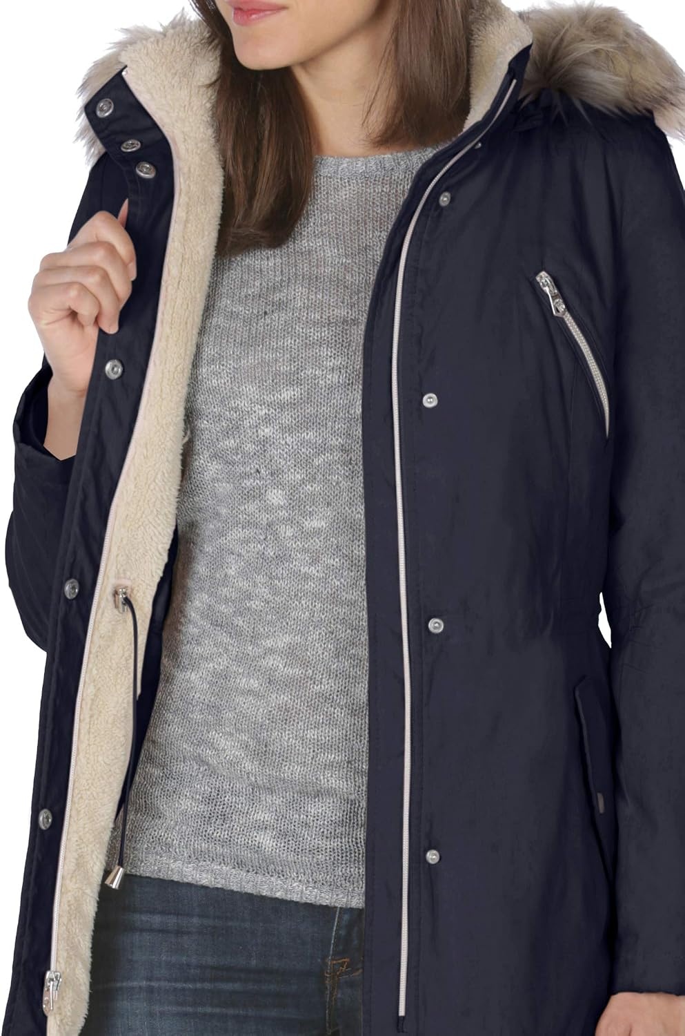 image:imageNautica Womens Microfiber Parka Anorak Jacket With Faux Fur Hooded TrimNavy Seas