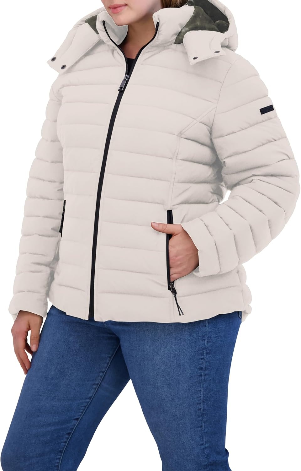 image:imageNautica Womens Short Stretch Puffer Jacket With Fur HoodLimestone