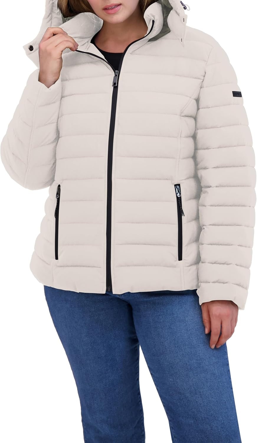 image:imageNautica Womens Short Stretch Puffer Jacket With Fur HoodLimestone