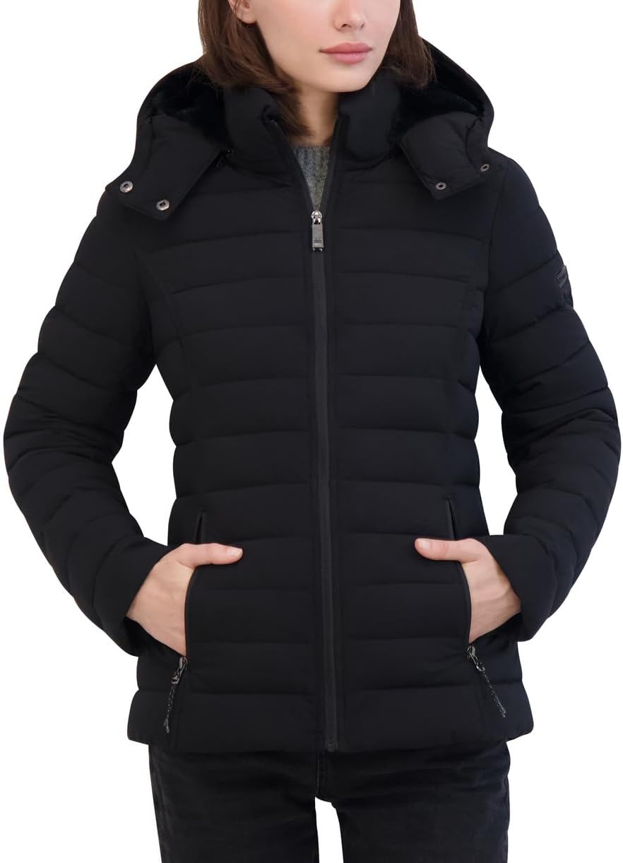 image:imageNautica Womens Short Stretch Puffer Jacket With Fur HoodMidnight