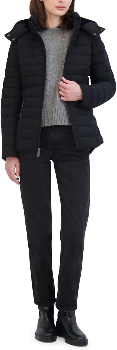 image:imageNautica Womens Short Stretch Puffer Jacket With Fur HoodMidnight