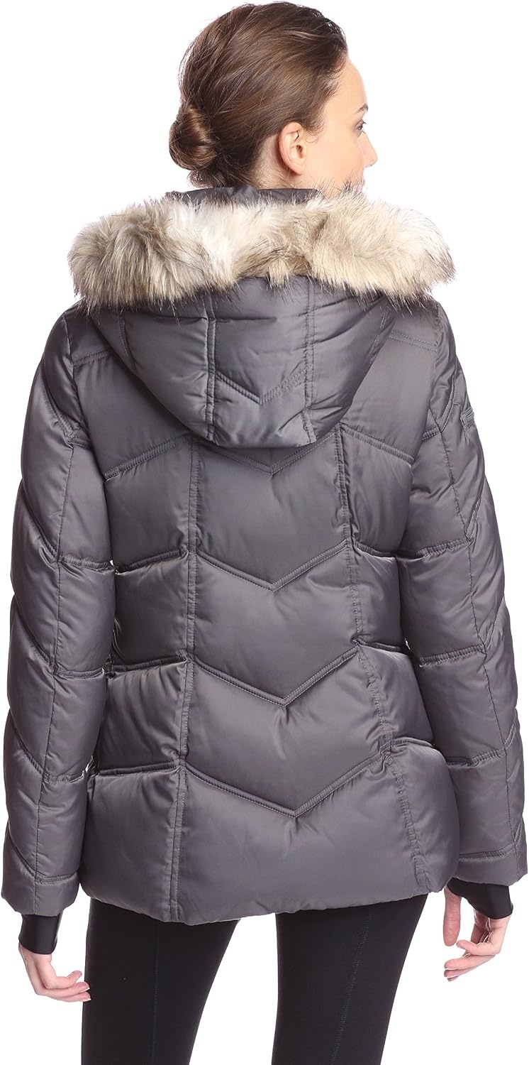 image:imageNautica Womens Short Stretch Puffer JacketDetachable Faux Fur Hood amp Storm CuffsChrome
