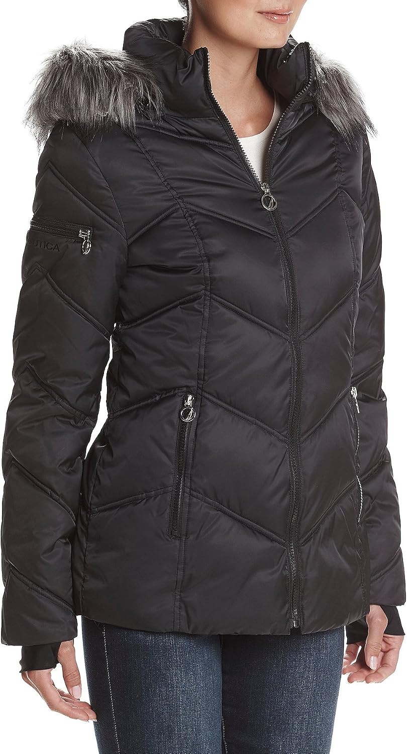 image:imageNautica Womens Short Stretch Puffer JacketDetachable Faux Fur Hood amp Storm CuffsDeep Black