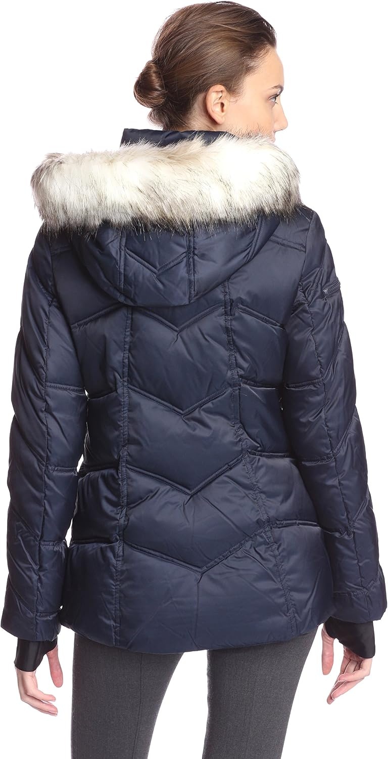image:imageNautica Womens Short Stretch Puffer JacketDetachable Faux Fur Hood amp Storm CuffsMarine