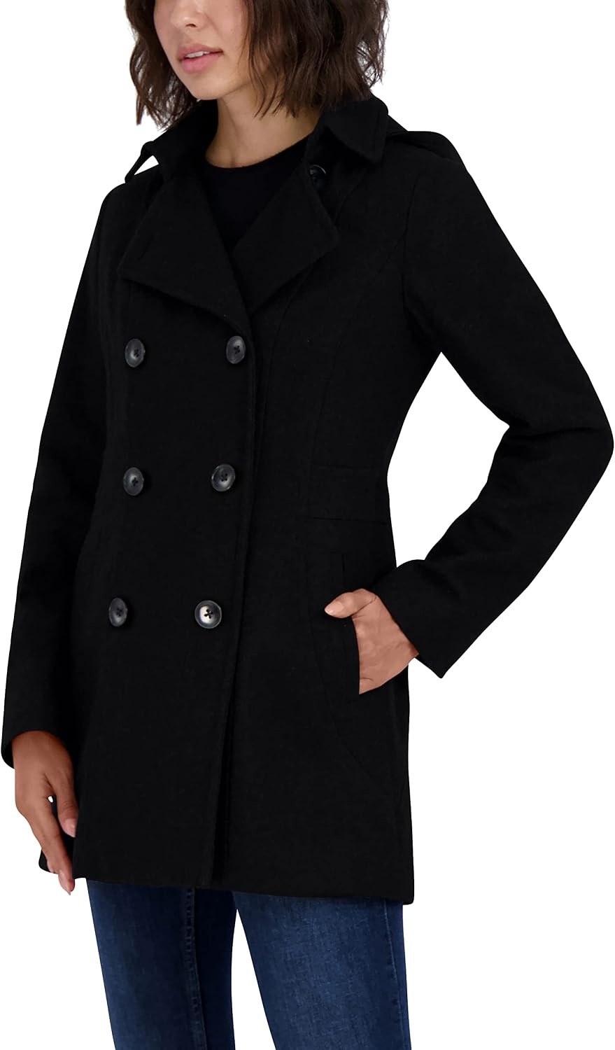 image:imageNautica Womens Soft Wool Blend Peacoat Double Breasted Winter Coat with Removable HoodCaviar