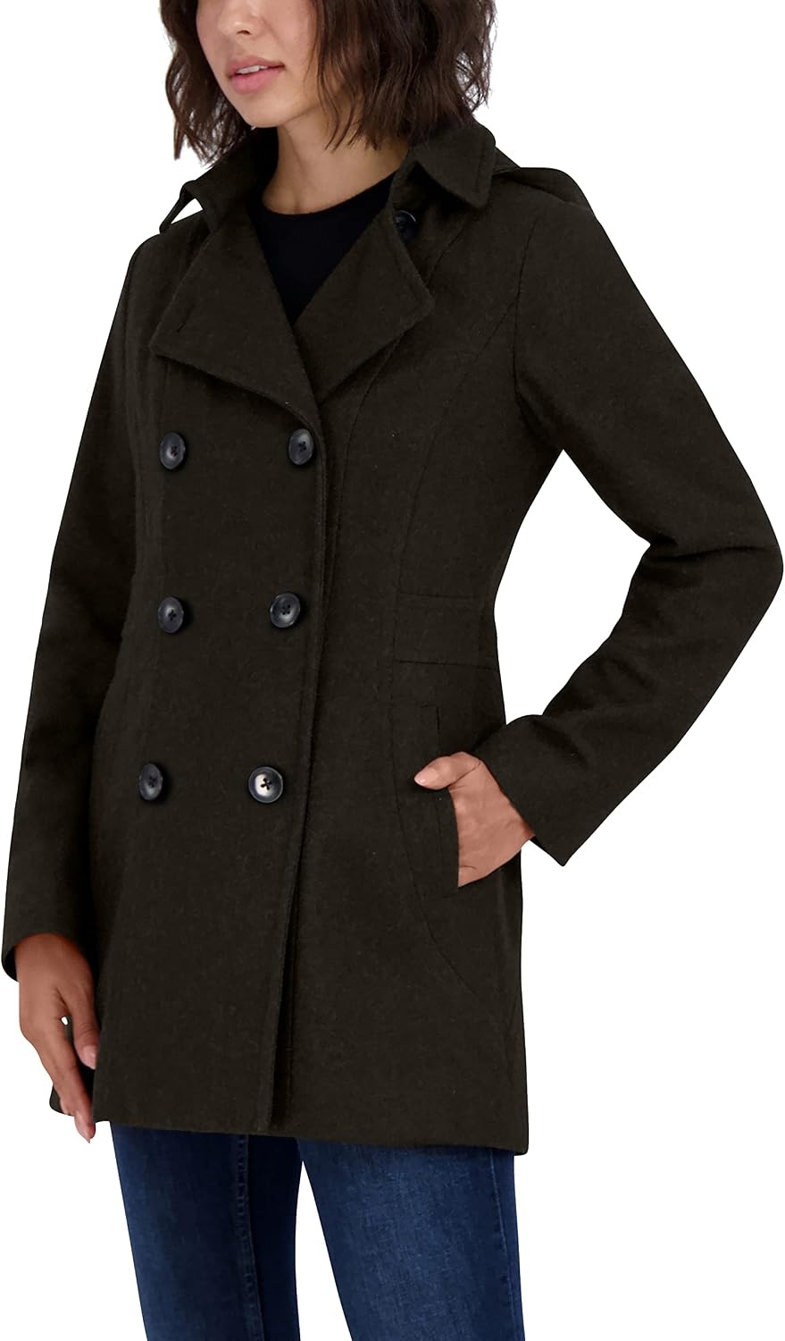image:imageNautica Womens Soft Wool Blend Peacoat Double Breasted Winter Coat with Removable HoodMilitary Green