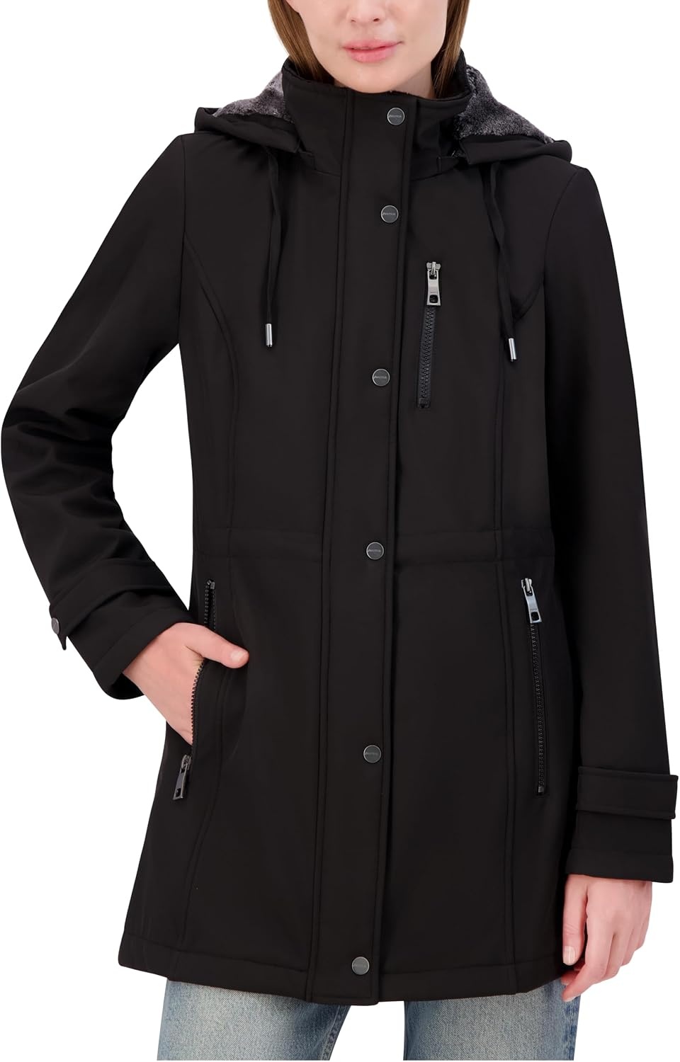 image:imageNautica Womens Softshell Jacket WaterResistant Transitional Coat Faux Fur Hood Adjustable WaistCaviar