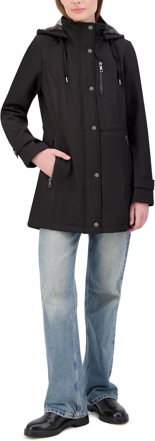 image:imageNautica Womens Softshell Jacket WaterResistant Transitional Coat Faux Fur Hood Adjustable WaistCaviar