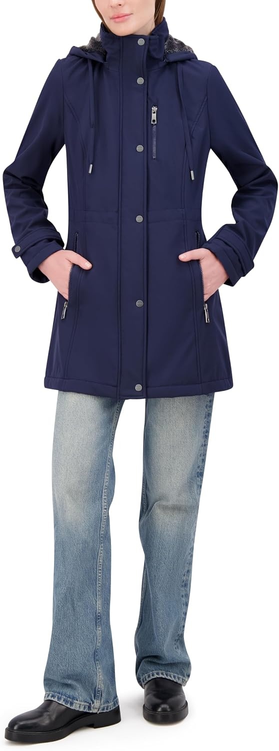 image:imageNautica Womens Softshell Jacket WaterResistant Transitional Coat Faux Fur Hood Adjustable WaistNavy Seas