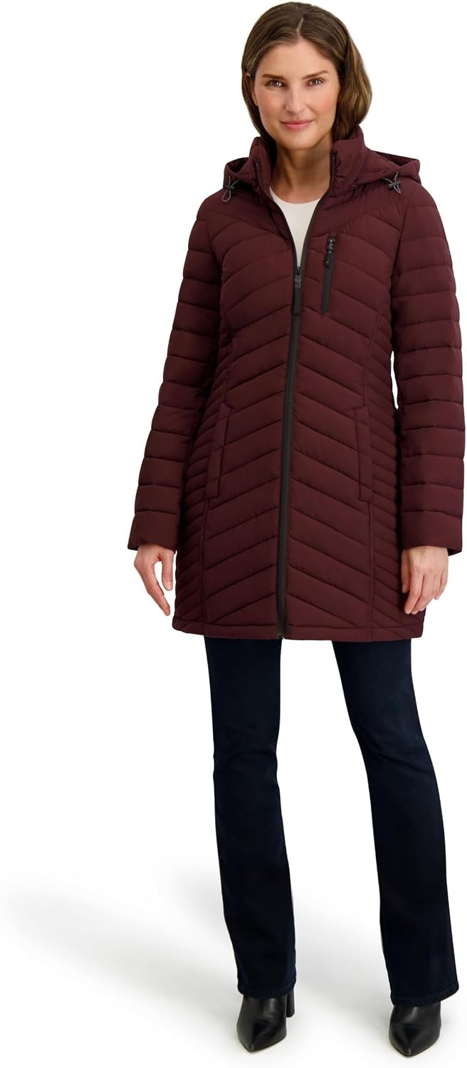 image:imageNautica Womens Stretch Puffer Jacket Midweight Quilted Coat Detachable HoodChianti