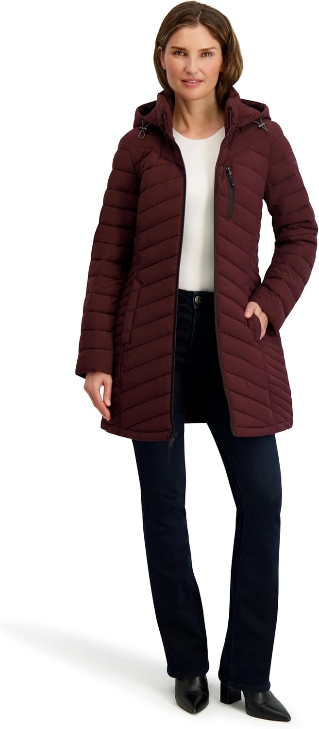 image:imageNautica Womens Stretch Puffer Jacket Midweight Quilted Coat Detachable HoodChianti