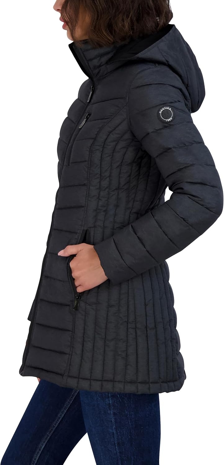 image:imageNautica Womens Stretch Puffer Jacket Midweight Quilted Coat Detachable HoodGrey
