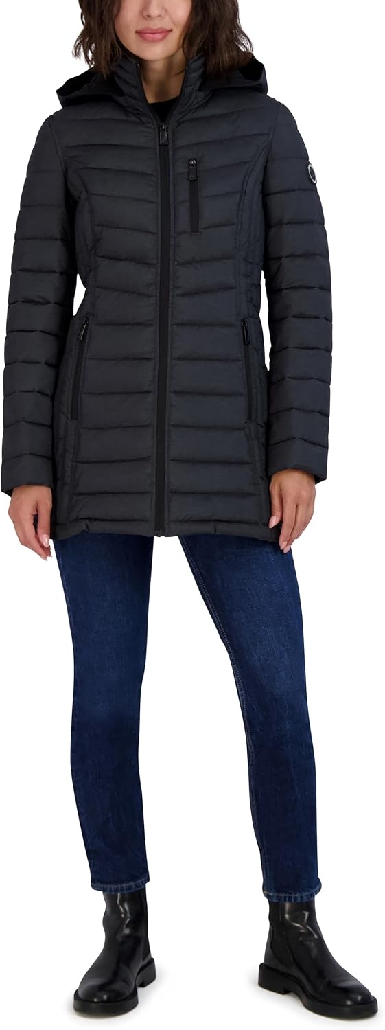 image:imageNautica Womens Stretch Puffer Jacket Midweight Quilted Coat Detachable HoodGrey