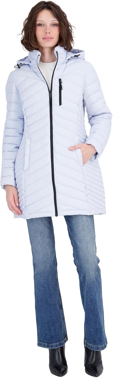 image:imageNautica Womens Stretch Puffer Jacket Midweight Quilted Coat Detachable HoodHeather Blue