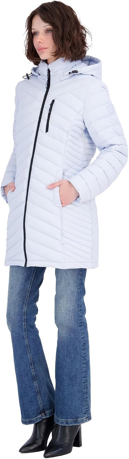 image:imageNautica Womens Stretch Puffer Jacket Midweight Quilted Coat Detachable HoodHeather Blue