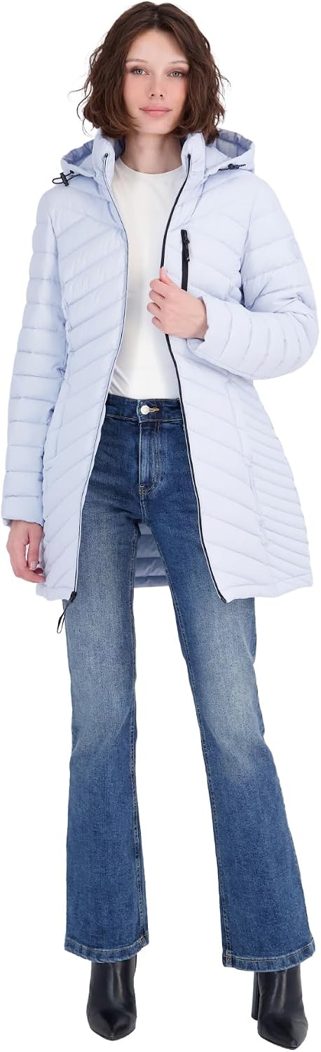 image:imageNautica Womens Stretch Puffer Jacket Midweight Quilted Coat Detachable HoodHeather Blue