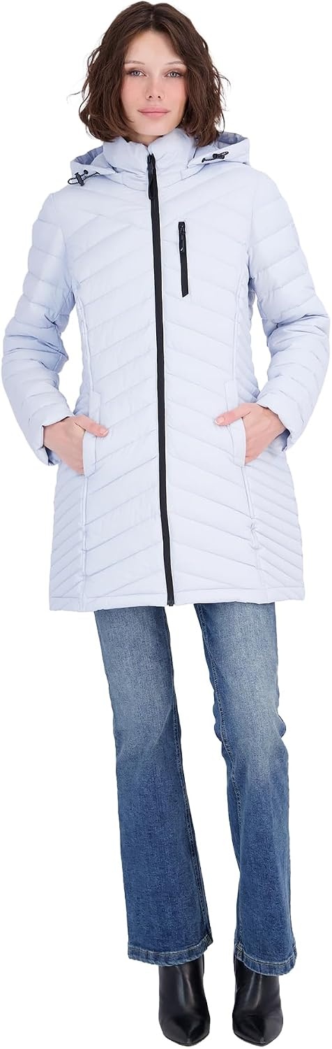 image:imageNautica Womens Stretch Puffer Jacket Midweight Quilted Coat Detachable HoodHeather Blue