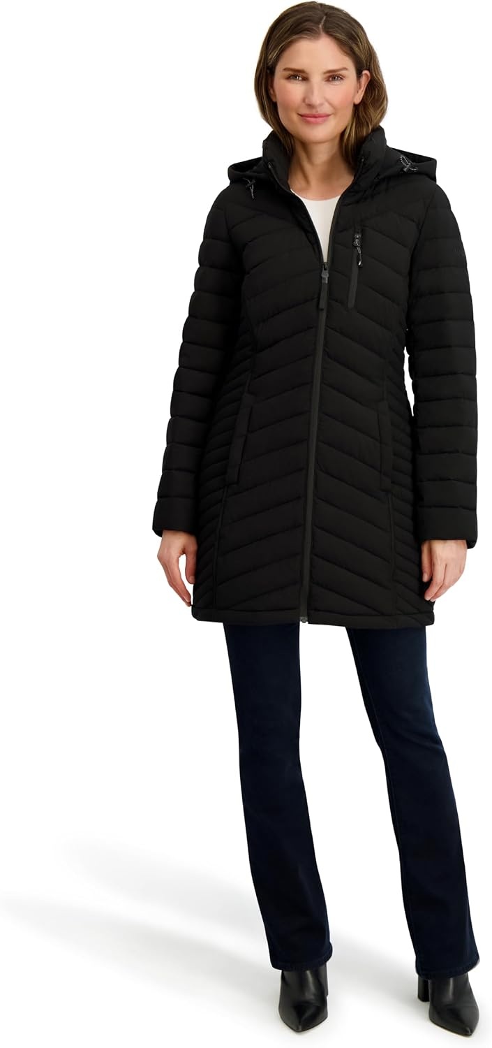 image:imageNautica Womens Stretch Puffer Jacket Midweight Quilted Coat Detachable HoodMidnight