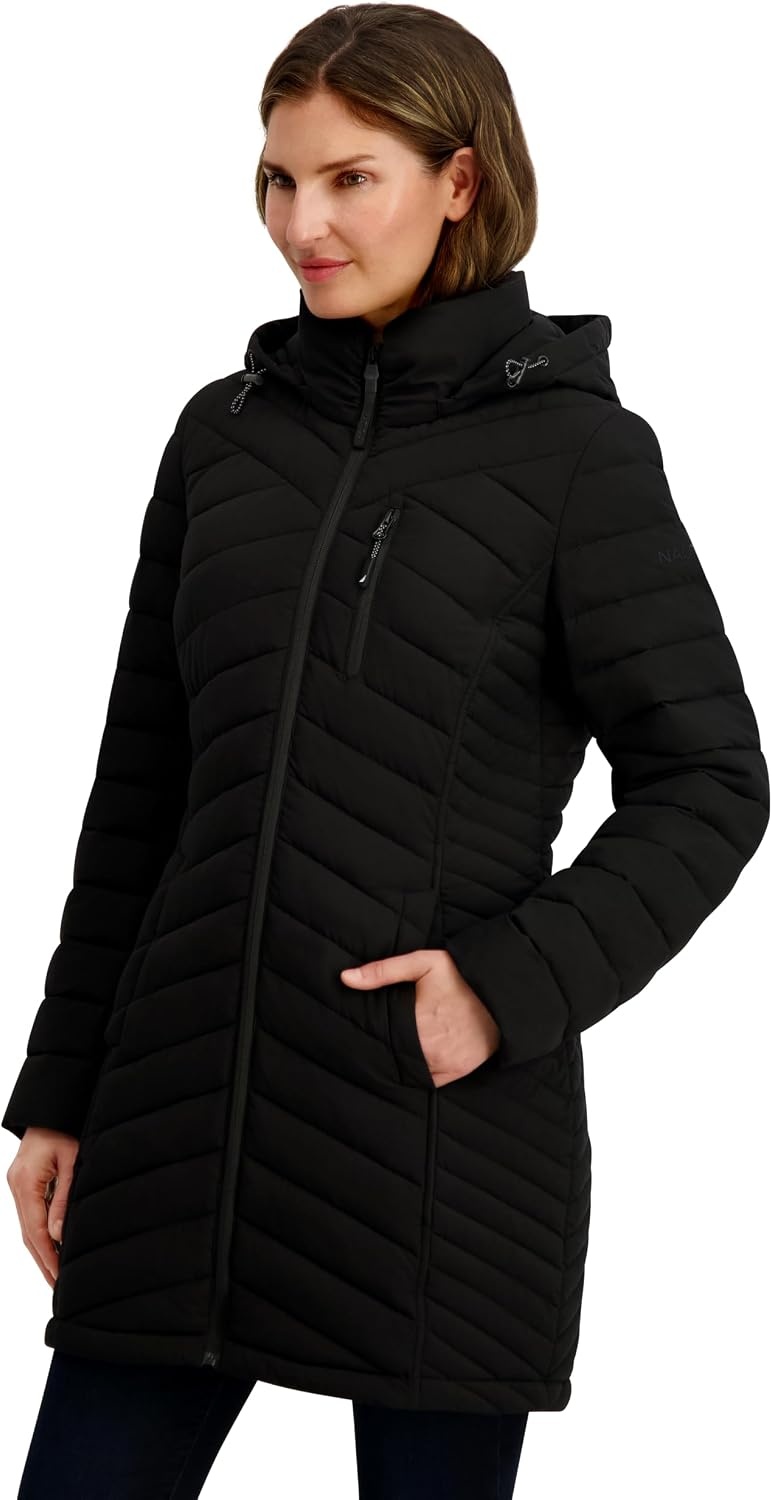 image:imageNautica Womens Stretch Puffer Jacket Midweight Quilted Coat Detachable HoodMidnight