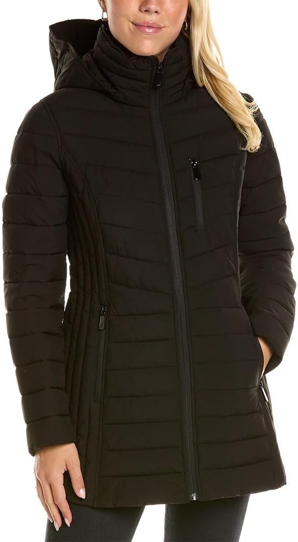 image:imageNautica Womens Stretch Puffer Jacket Midweight Quilted Coat Detachable HoodMidnight Black