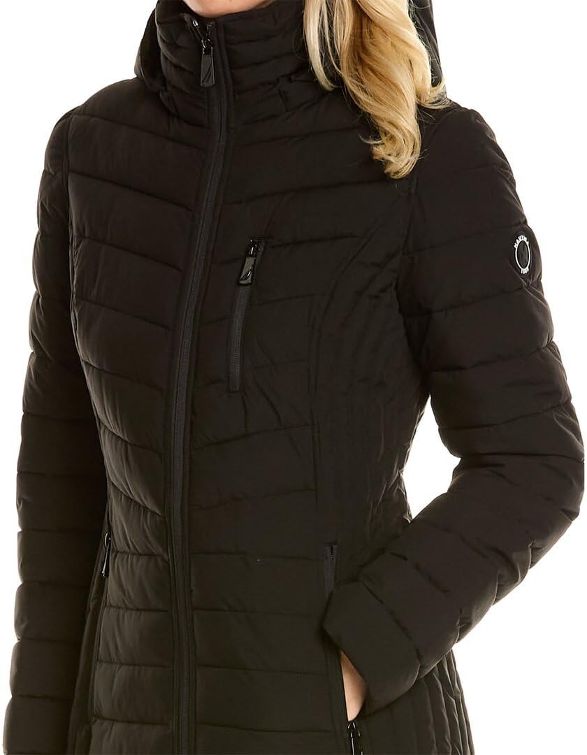 image:imageNautica Womens Stretch Puffer Jacket Midweight Quilted Coat Detachable HoodMidnight Black