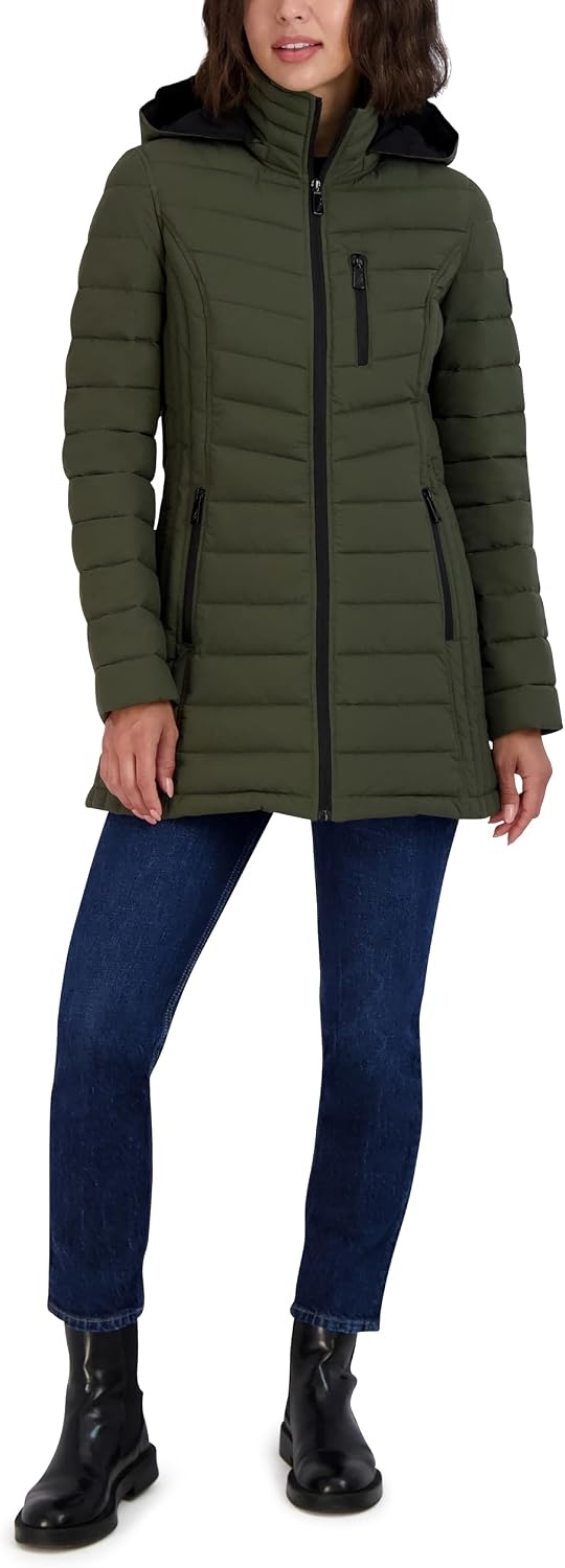 image:imageNautica Womens Stretch Puffer Jacket Midweight Quilted Coat Detachable HoodMil Green