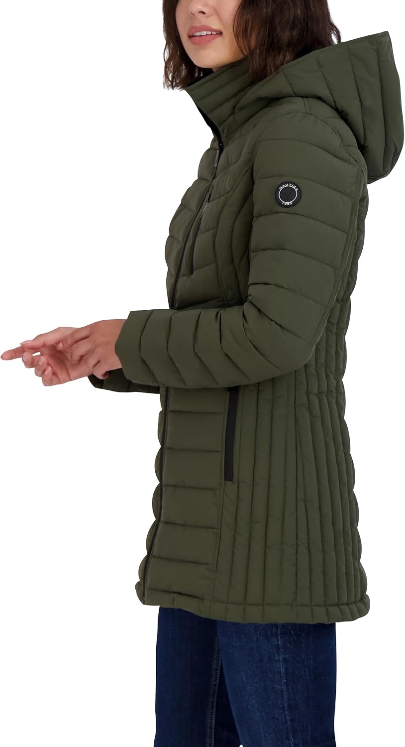 image:imageNautica Womens Stretch Puffer Jacket Midweight Quilted Coat Detachable HoodMil Green