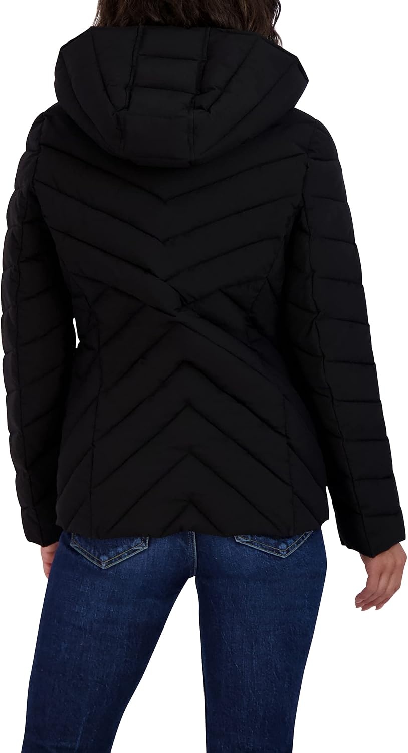 image:imageNautica Womens Stretch Puffer Jacket Midweight Short Stretch Coat with Detachable HoodCaviar Black
