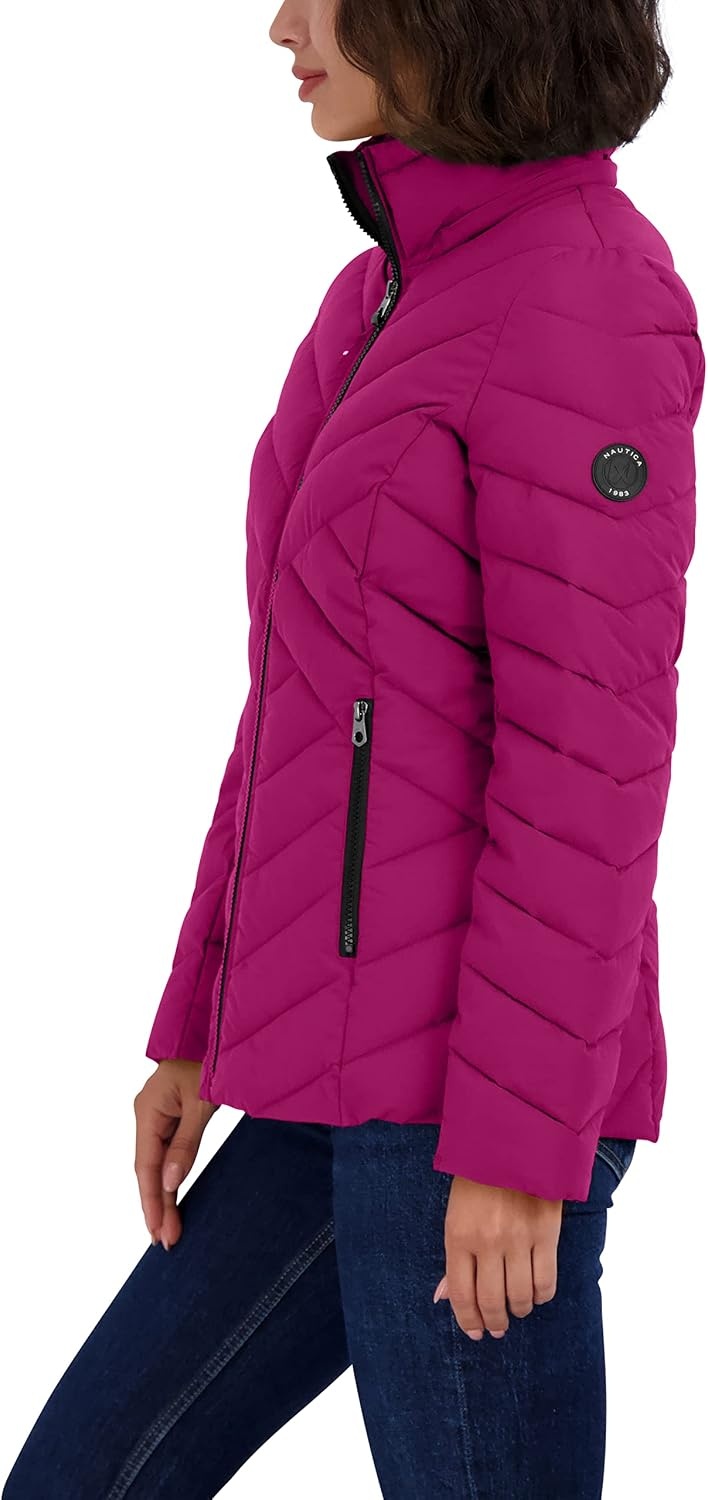 image:imageNautica Womens Stretch Puffer Jacket Midweight Short Stretch Coat with Detachable HoodRaspberry