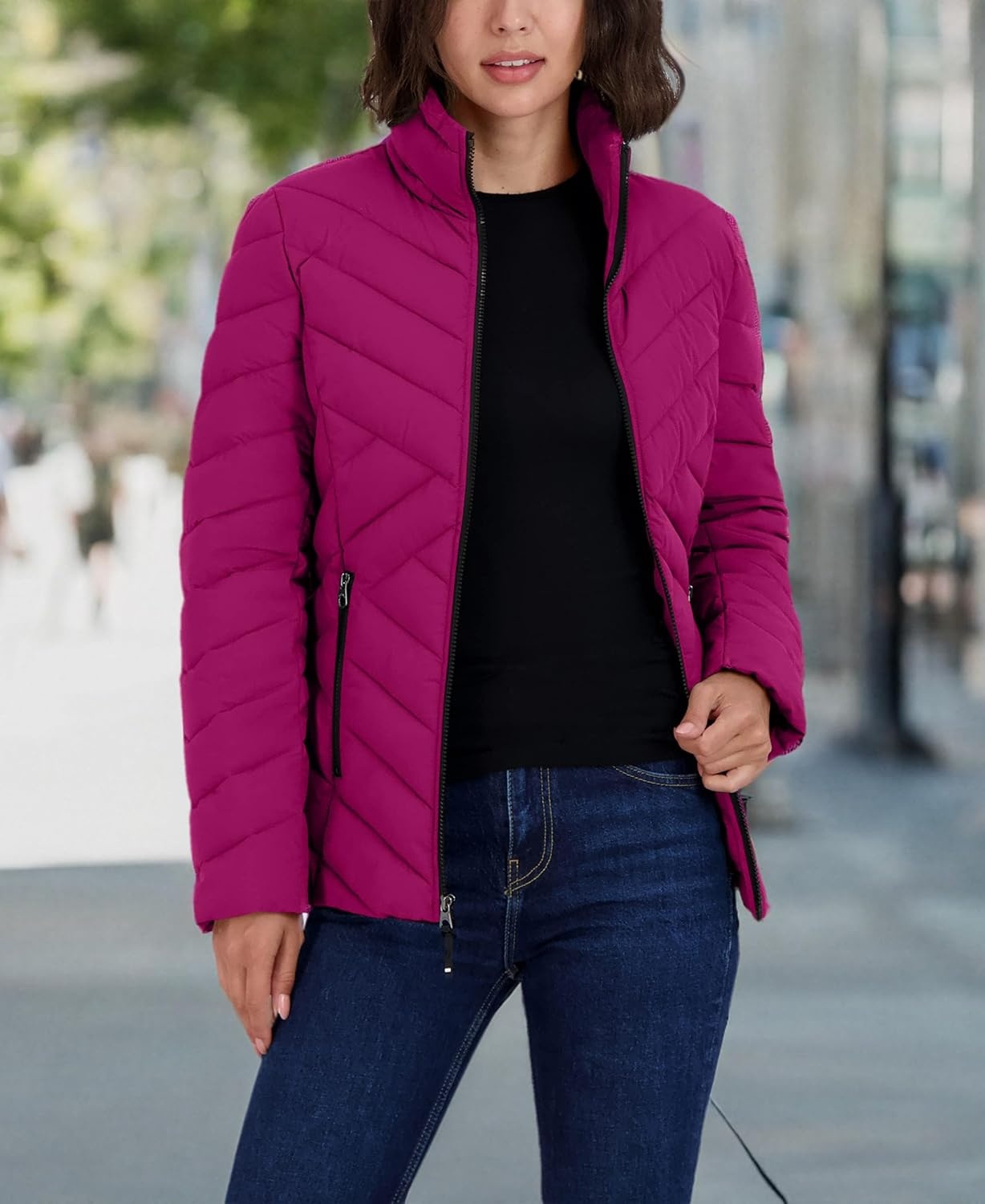 image:imageNautica Womens Stretch Puffer Jacket Midweight Short Stretch Coat with Detachable HoodRaspberry