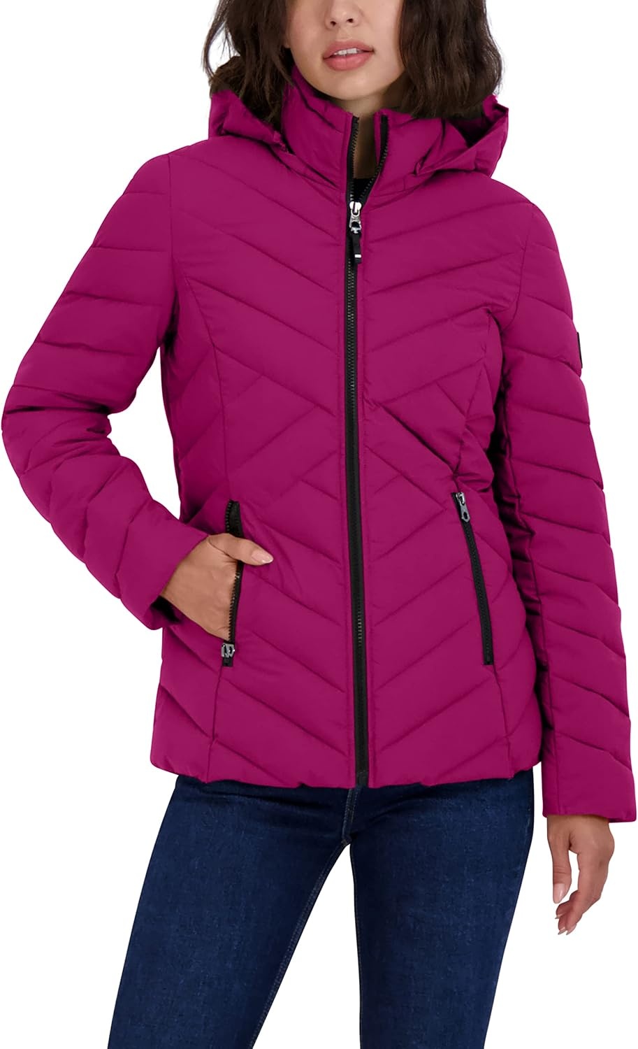 image:imageNautica Womens Stretch Puffer Jacket Midweight Short Stretch Coat with Detachable HoodRaspberry