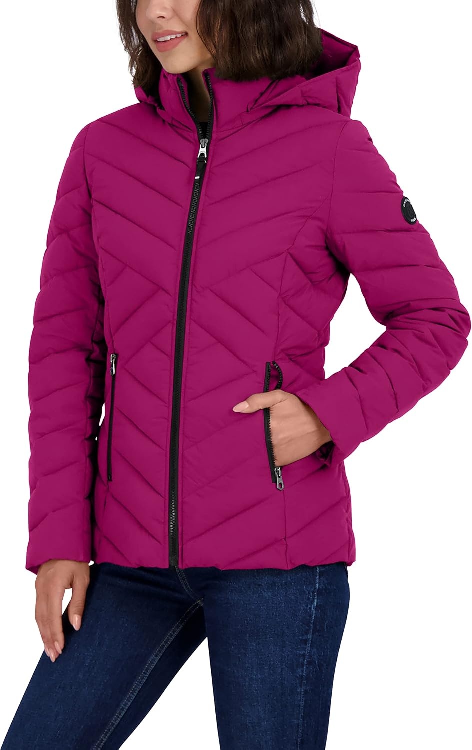 image:imageNautica Womens Stretch Puffer Jacket Midweight Short Stretch Coat with Detachable HoodRaspberry