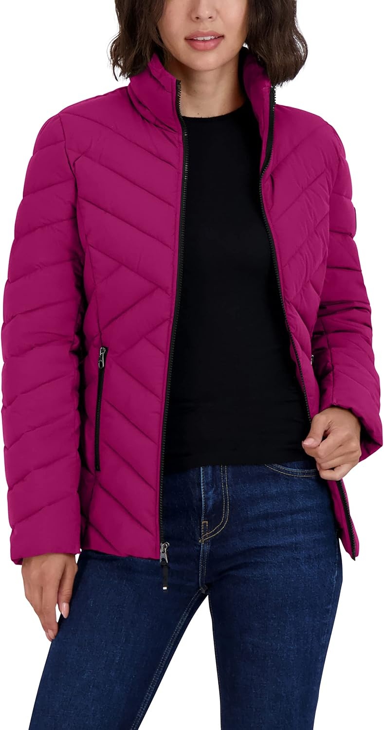 image:imageNautica Womens Stretch Puffer Jacket Midweight Short Stretch Coat with Detachable HoodRaspberry