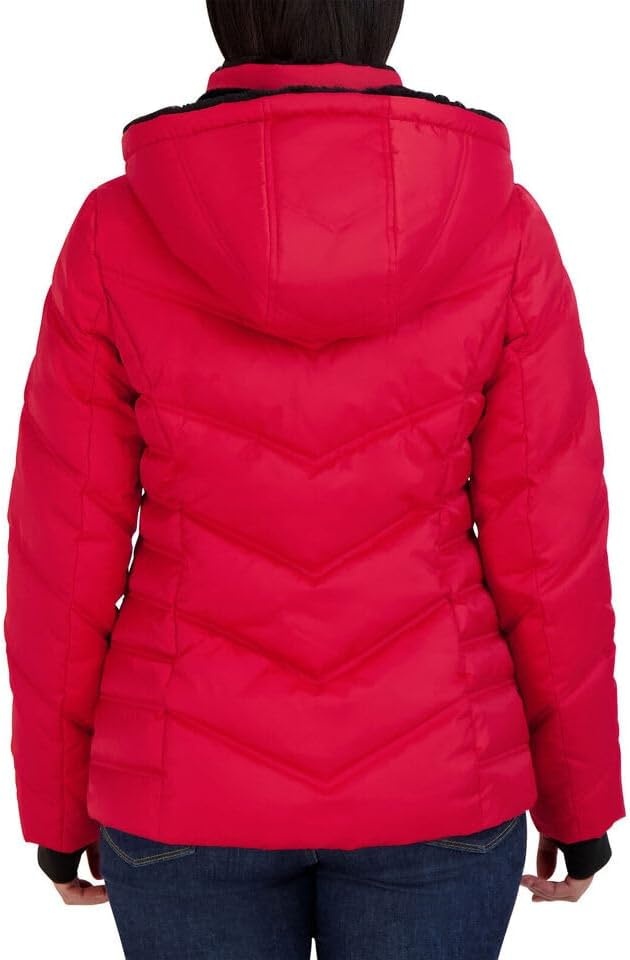 image:imageNautica Womens Stretch Puffer Jacket Midweight Short Stretch Coat with Detachable HoodRed