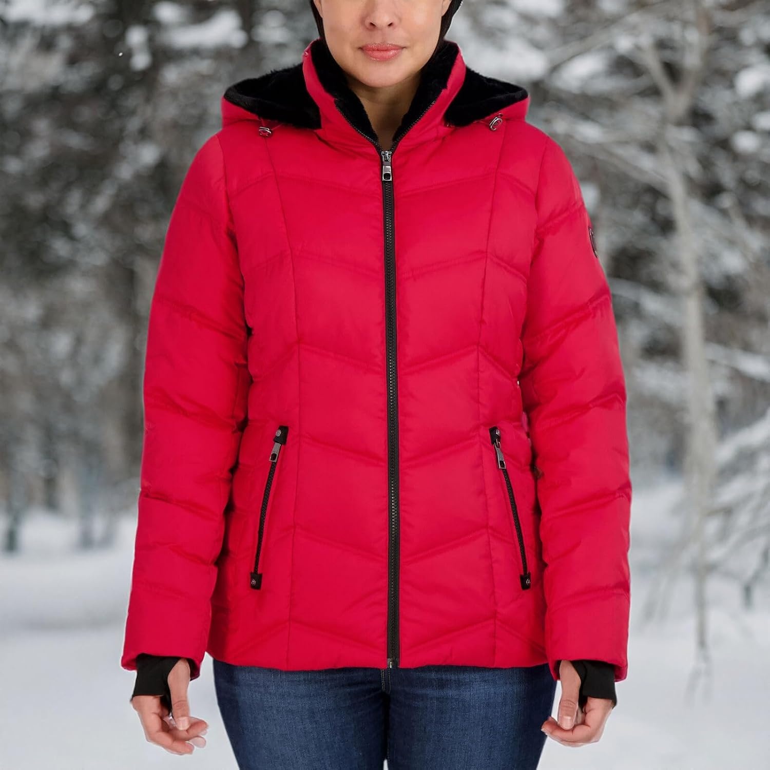 image:imageNautica Womens Stretch Puffer Jacket Midweight Short Stretch Coat with Detachable HoodRed