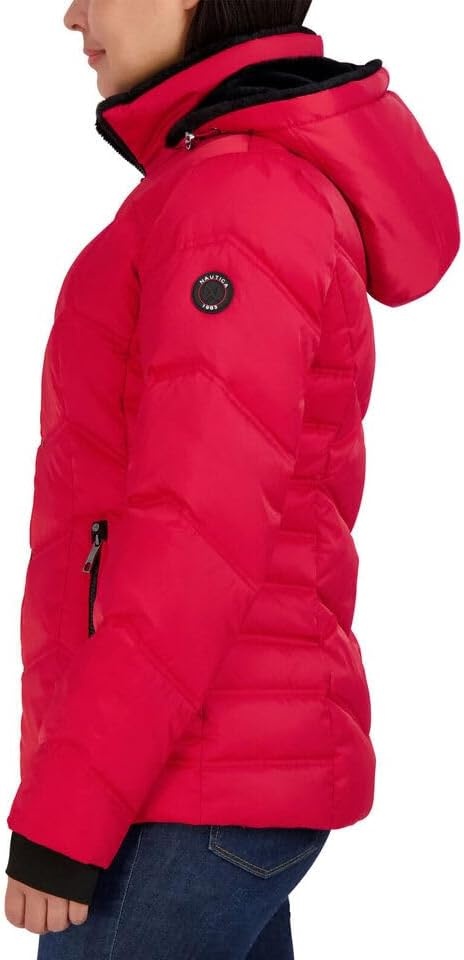 image:imageNautica Womens Stretch Puffer Jacket Midweight Short Stretch Coat with Detachable HoodRed
