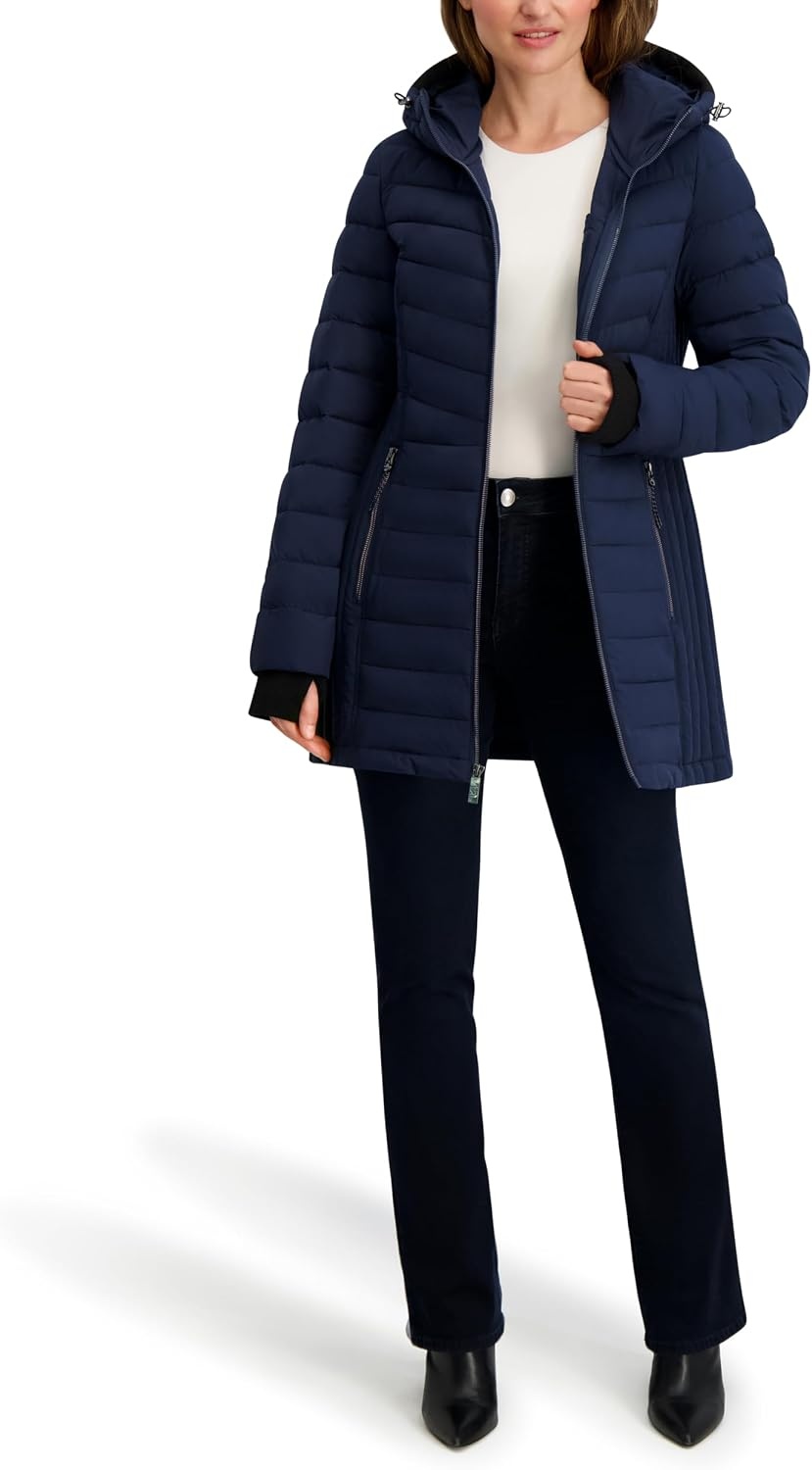 image:imageNautica Womens Stretch Puffer Jacket Midweight Winter Coat with Detachable Hood Storm CuffsNavy Seas
