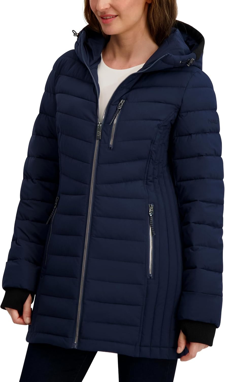 image:imageNautica Womens Stretch Puffer Jacket Midweight Winter Coat with Detachable Hood Storm CuffsNavy Seas