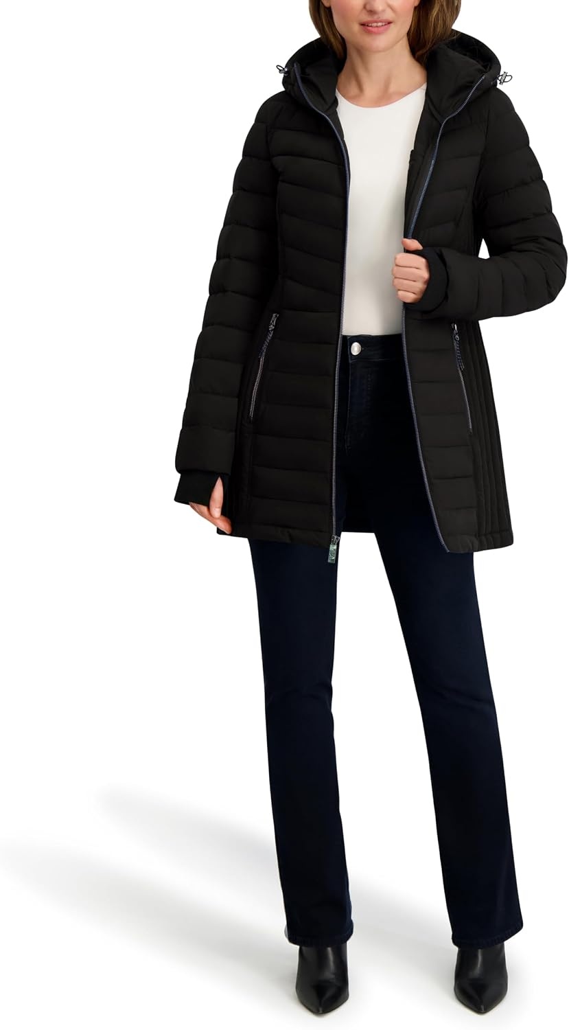 image:imageNautica Womens Stretch Puffer Jacket Midweight Winter Coat with Detachable Hood Storm CuffsOnyx