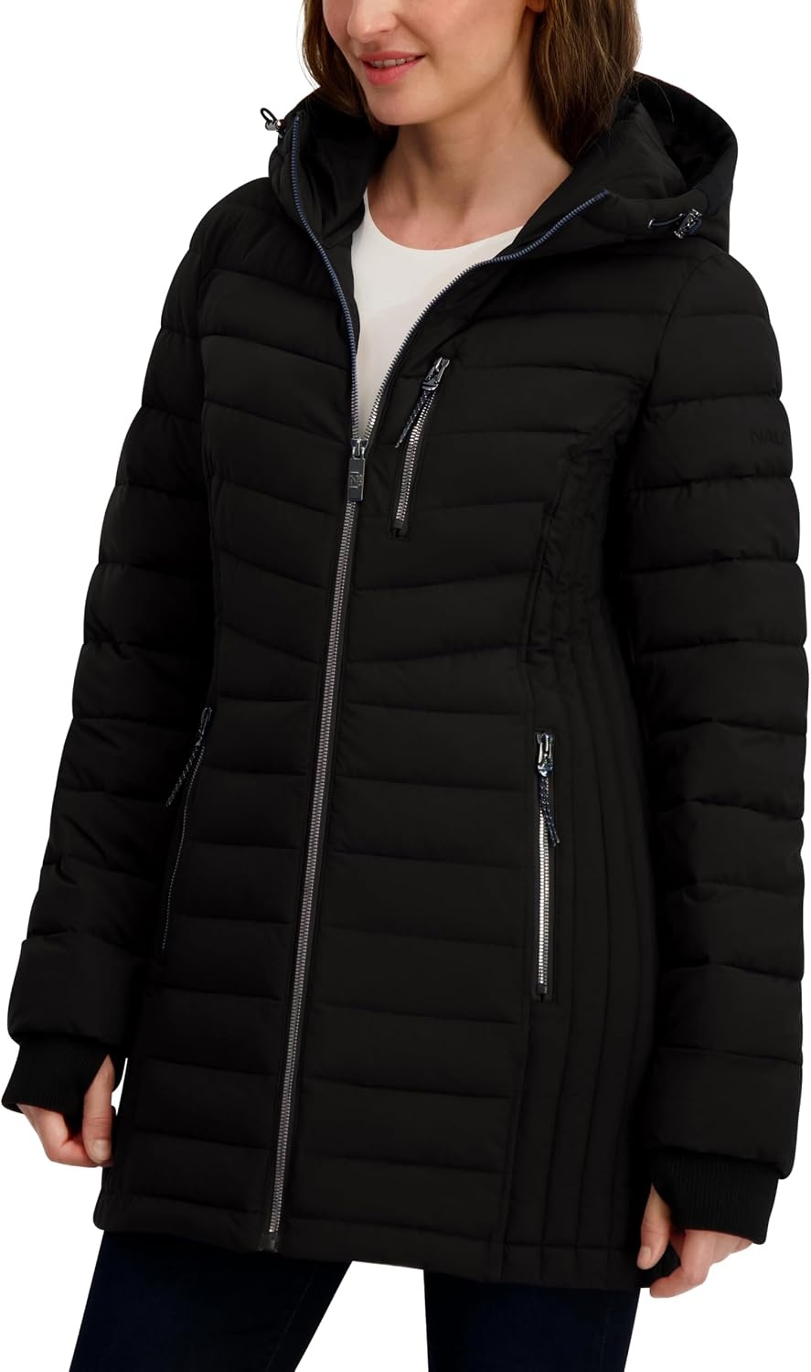 image:imageNautica Womens Stretch Puffer Jacket Midweight Winter Coat with Detachable Hood Storm CuffsOnyx
