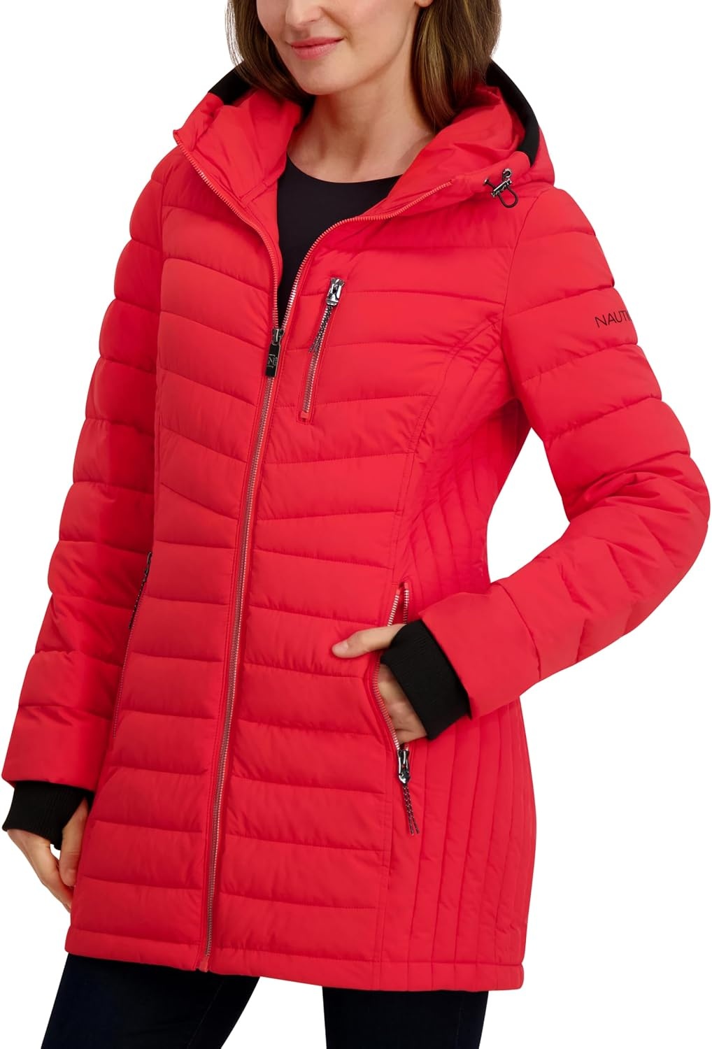 image:imageNautica Womens Stretch Puffer Jacket Midweight Winter Coat with Detachable Hood Storm CuffsRose Coral