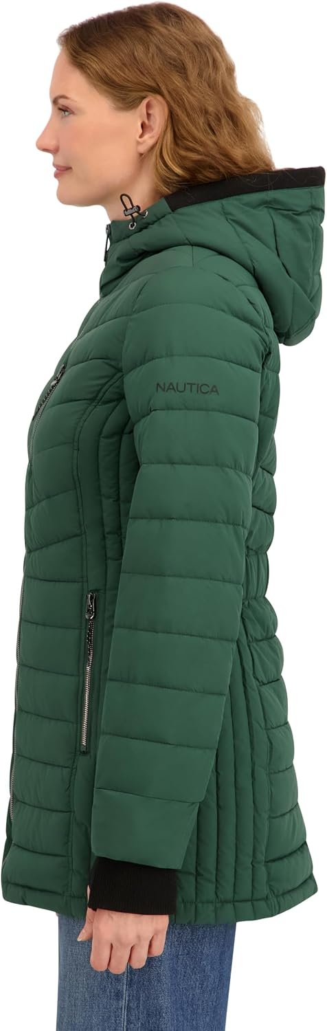 image:imageNautica Womens Stretch Puffer Jacket Midweight Winter Coat with Detachable Hood Storm CuffsVerde