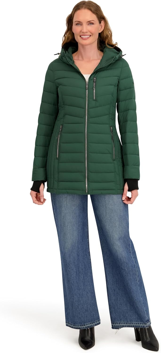image:imageNautica Womens Stretch Puffer Jacket Midweight Winter Coat with Detachable Hood Storm CuffsVerde