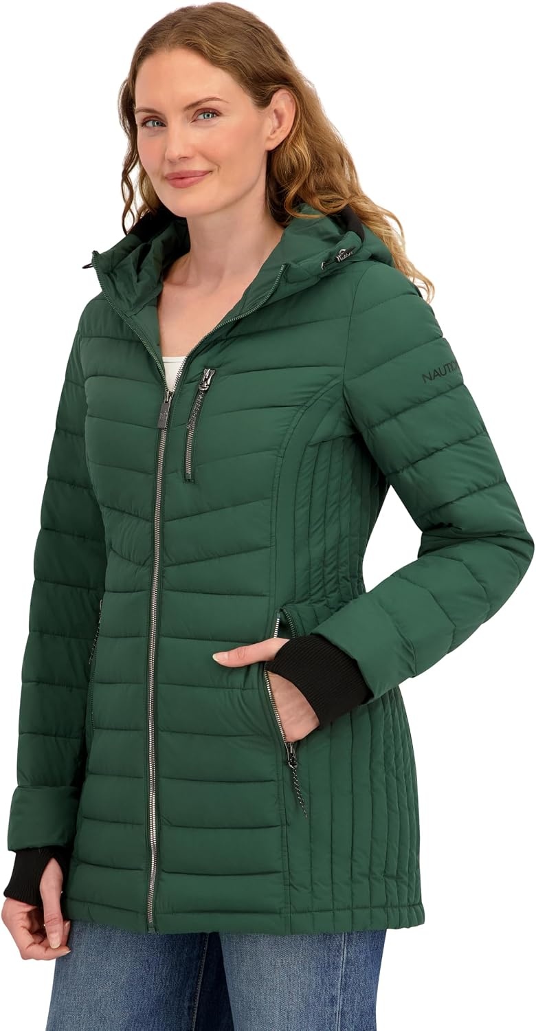 image:imageNautica Womens Stretch Puffer Jacket Midweight Winter Coat with Detachable Hood Storm CuffsVerde