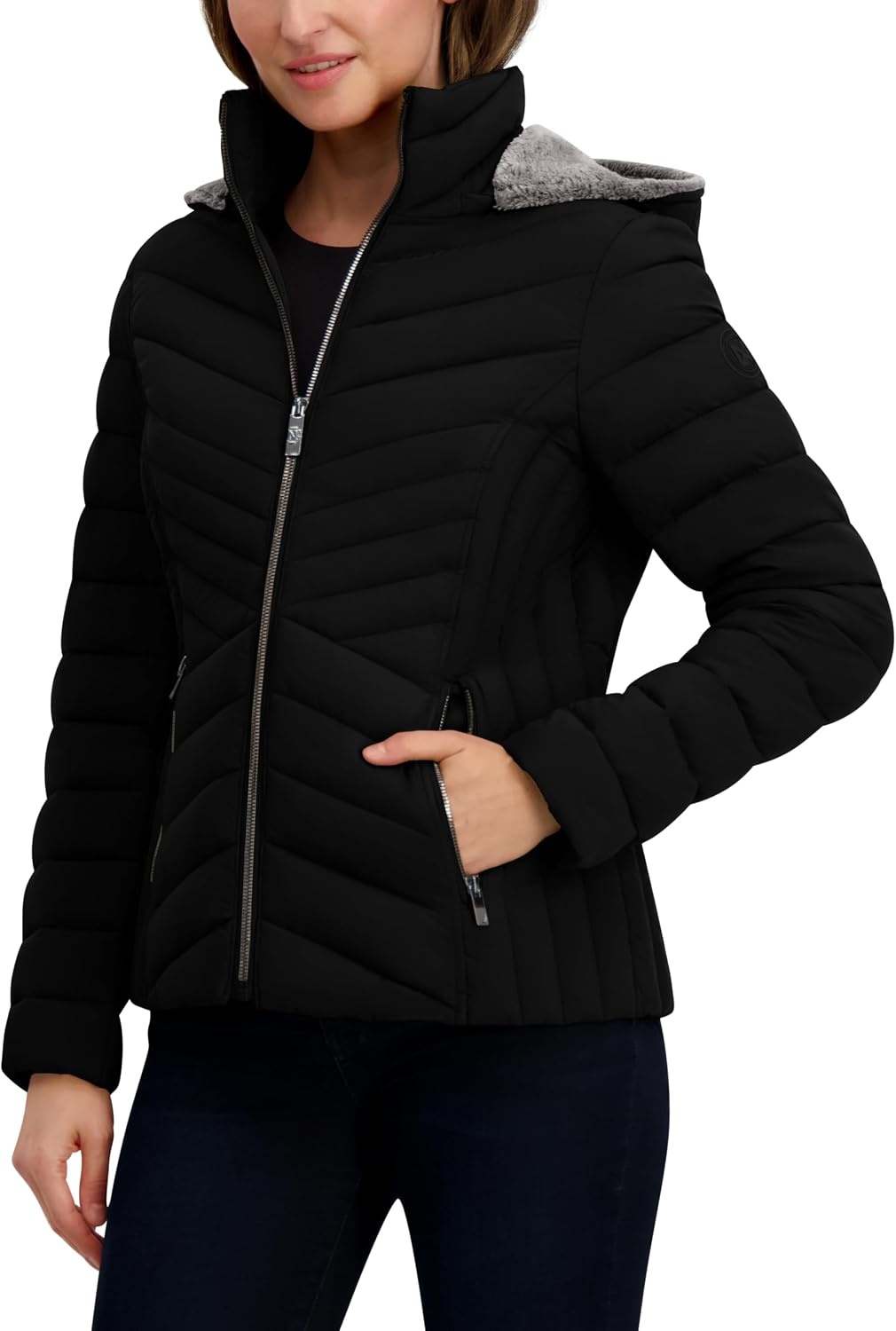 image:imageNautica Womens Stretch Puffer Jacket detachable Faux Fur Hood Midweight Waterresistant CoatAnthracite