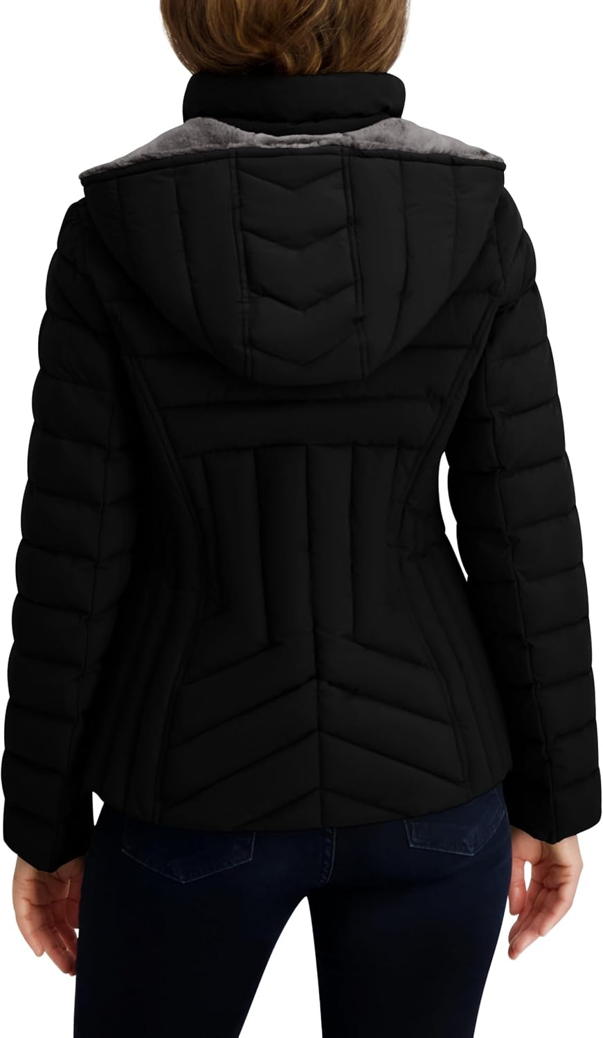image:imageNautica Womens Stretch Puffer Jacket detachable Faux Fur Hood Midweight Waterresistant CoatAnthracite
