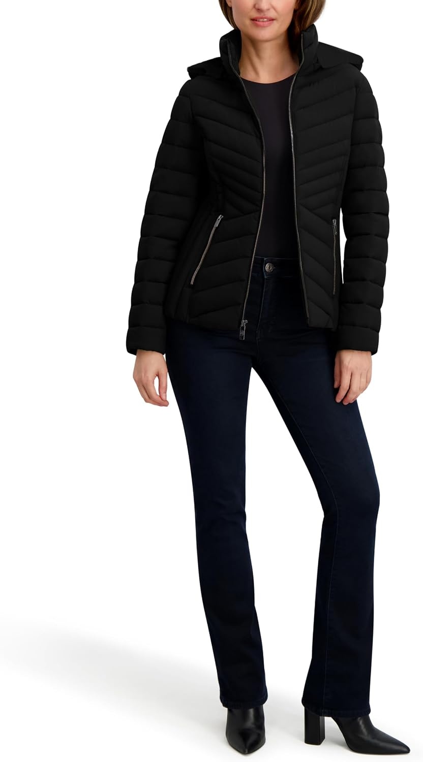 image:imageNautica Womens Stretch Puffer Jacket detachable Faux Fur Hood Midweight Waterresistant CoatEbony