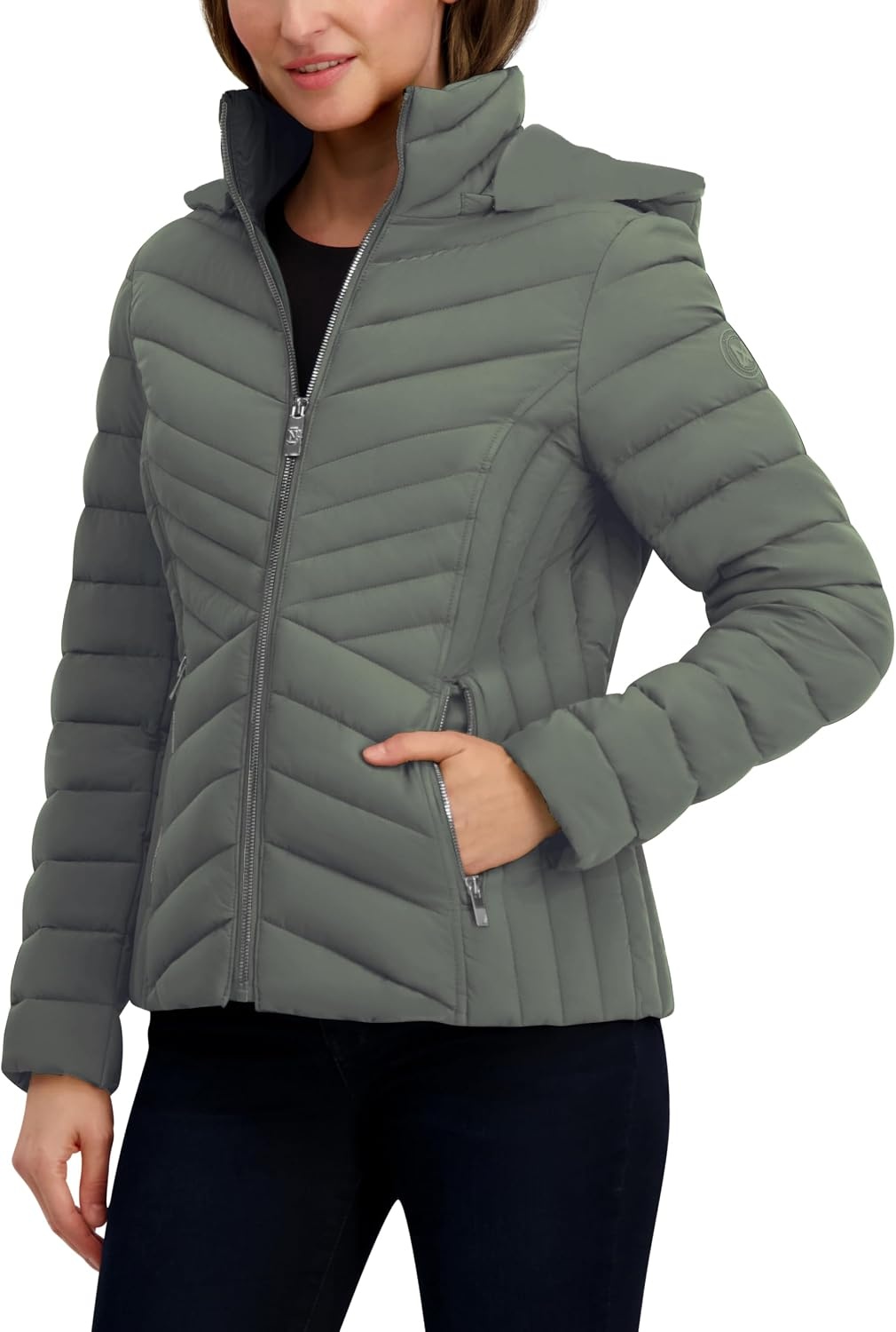 image:imageNautica Womens Stretch Puffer Jacket detachable Faux Fur Hood Midweight Waterresistant CoatMoss